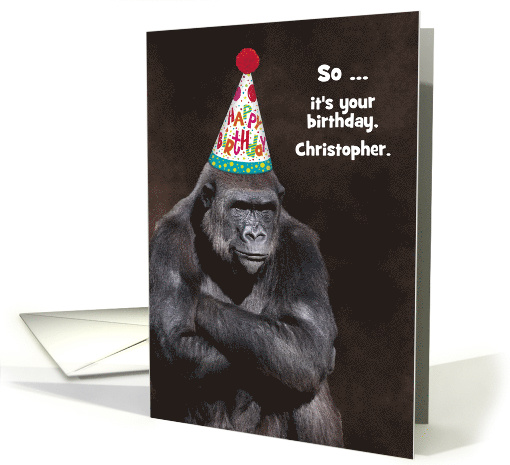 Custom Grumpy Male Gorilla in a Birthday Party Hat card (1607614)