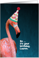 Custom Unimpressed Flamingo in Happy Birthday Party Hat card