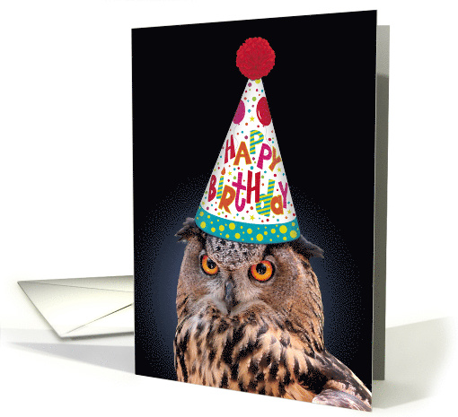 Eagle Owl Wearing Colorful Birthday Party Hat card (1610066)