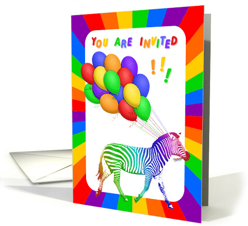 Studio Dalio - Rainbow Striped Zebra with Balloons Party Invitation