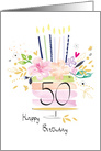 50th Birthday Watercolour Floral Cake with Candles card