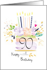 90th Birthday Watercolour Floral Cake with Candles card