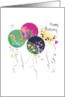 Birthday Party Balloons with Watercolor Tropical Leaves and Confetti card