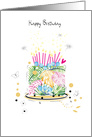 Birthday Cake with Watercolor Tropical Leaves and Pink Candles card