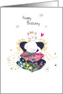 Birthday Cat with Princess Crown Sitting on a Throne of Cushions card