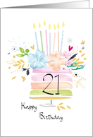 21st Birthday Watercolour Floral Cake with Candles card