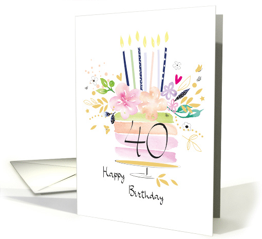 40th Birthday Watercolour Floral Cake with Candles card (1628202)