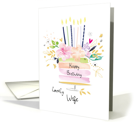 Wife Birthday Watercolour Floral Cake with Candles card (1628206)