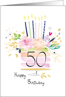 50th Birthday Watercolour Floral Cake with Candles card