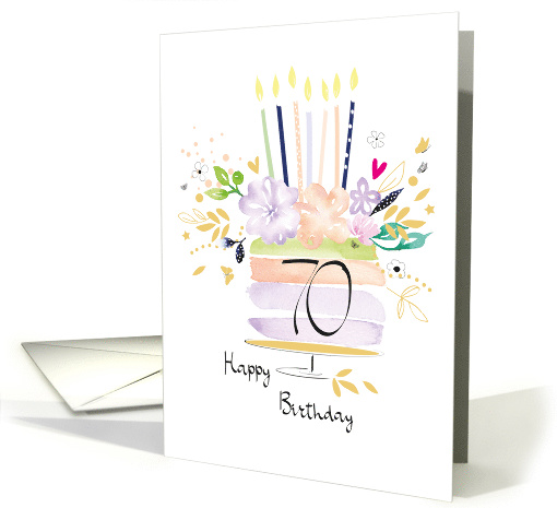 70th Birthday Watercolour Floral Cake with Candles card (1628212)