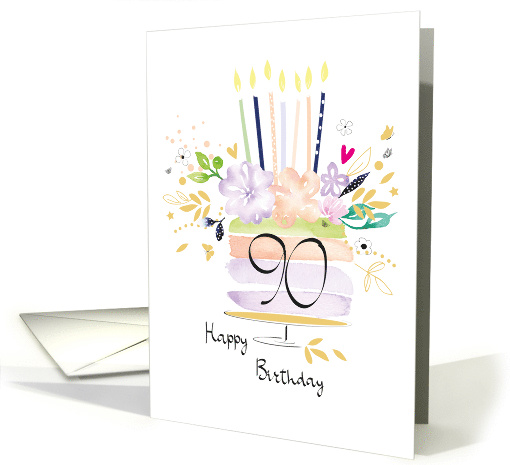90th Birthday Watercolour Floral Cake with Candles card (1628214)