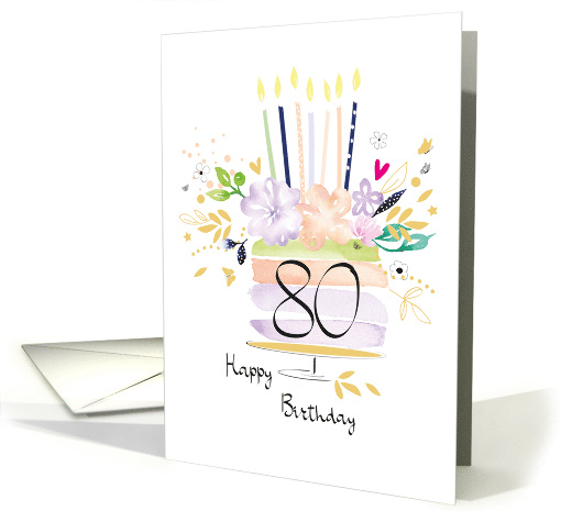 80th Birthday Watercolour Floral Cake with Candles card (1628216)