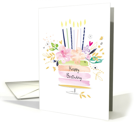 Birthday Party Cake with Pastel Watercolour Flowers and Candles card