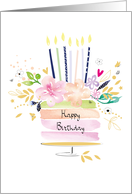 Birthday Party Cake with Pastel Watercolour Flowers and Candles card