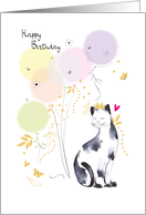 Birthday Cat with Princess Crown and Party Balloons card