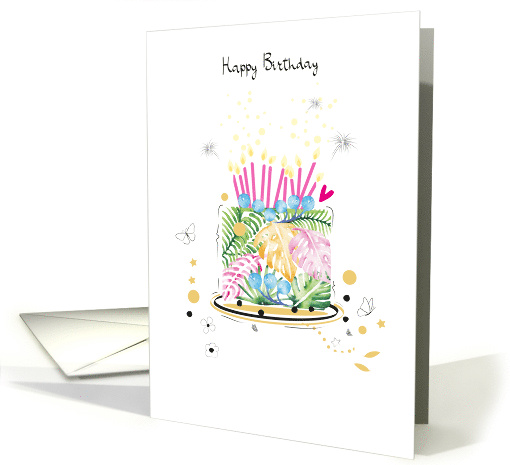 Birthday Cake with Watercolor Tropical Leaves and Pink Candles card
