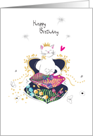 Birthday Cat with Princess Crown Sitting on a Throne of Cushions card