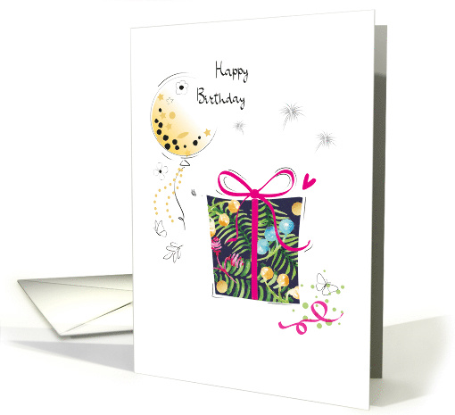 Birthday Blue Present with Tropical Watercolor Leaves and Balloon card