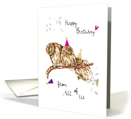 Birthday Watercolor Owls with Party Hats and Pink Heart... (1628964)