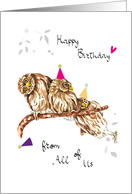 Birthday Watercolor Owls with Party Hats and Pink Heart from Group card