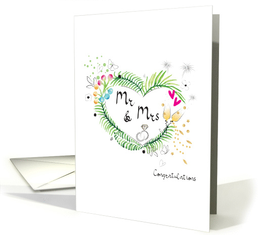 Mr and Mrs Tropical Wreath with Pink Love Heart and Champagne card