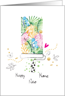 New Home Tropical Leaves Roller with Pink Love Heart card