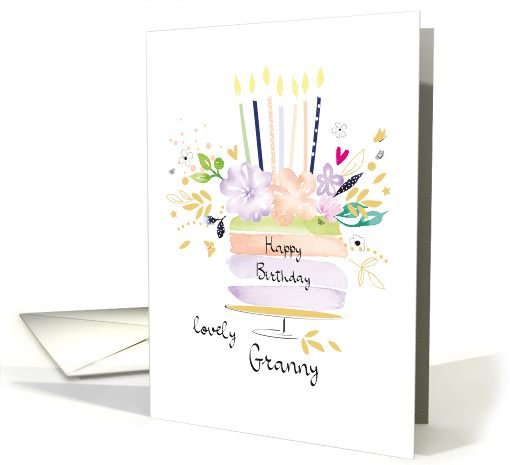 Granny Birthday Watercolor Floral Cake with Candles card (1631292)