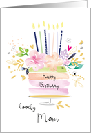 Mom Birthday Watercolor Floral Cake with Candles card