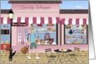Bon Voyage for Him with Suitcase in front of French Shop card