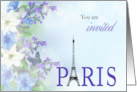 Invitation to Paris with Eiffel Tower and Purple Flowers card