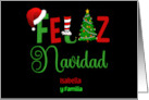 Feliz Navidad Spanish Text with Santa Hat Elf Leg and Christmas Tree card