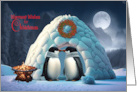 Christmas Wishes with Penguins at Igloo with Bonfire card