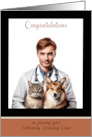 Veterinary Licensing Exam Congratulation with Student with cat and dog card