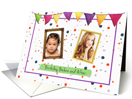 Birthday Then and Now Two Photos Confetti card (1656064)