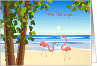 Valentine’s Day Flamingos on Beach card