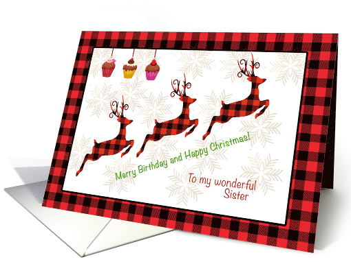 Christmas and Birthday for Sister with Buffalo Plaid Reindeer card