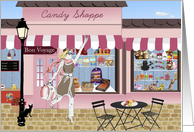 Bon Voyage for Her with Suitcase in front of French Shop card