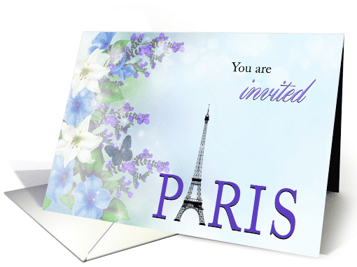 Invitation to Paris with Eiffel Tower and Purple Flowers card