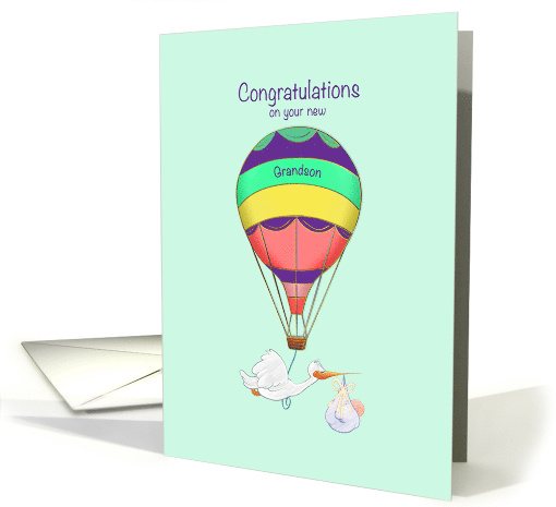 Grandfather's New Grandson with Stork and Baby in Hot Air Balloon card