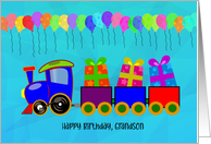 Happy Birthday Grandson with Train and Gifts with Balloons card