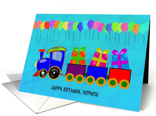 Happy Birthday Nephew with Train and Gifts with Balloons card