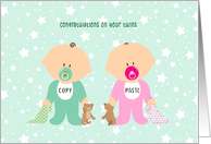 Congratulations on Birth of Twin Boy and Girl with Bear and Blanket card