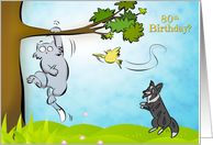 Funny 80th Birthday for Sister Cat and Dog and Birdie card