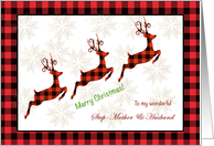 Merry Christmas with Red Reindeer and Snowflakes Step Mom and Husband card