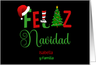 Feliz Navidad Spanish Text with Santa Hat Elf Leg and Christmas Tree card