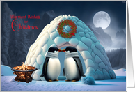 Christmas Wishes with Penguins at Igloo with Bonfire card