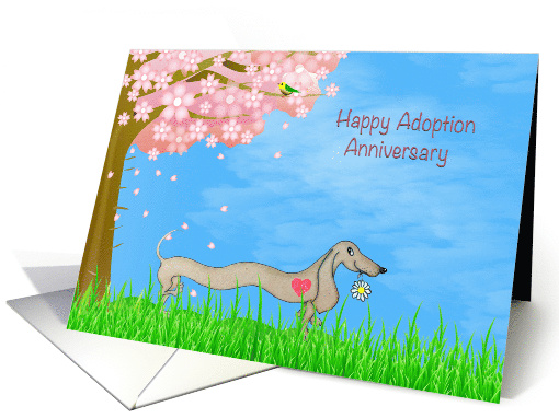 Dog Adoption Gotcha Anniversary with Pink Tree and Dachshund card