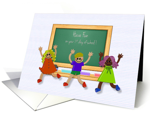 First Day of School with Elementary School Kids and Blackboard card