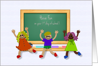 First Day of School with Elementary School Kids and Blackboard card