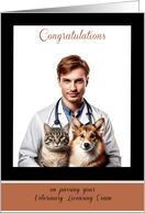 Veterinary Licensing Exam Congratulation with Student with cat and dog card